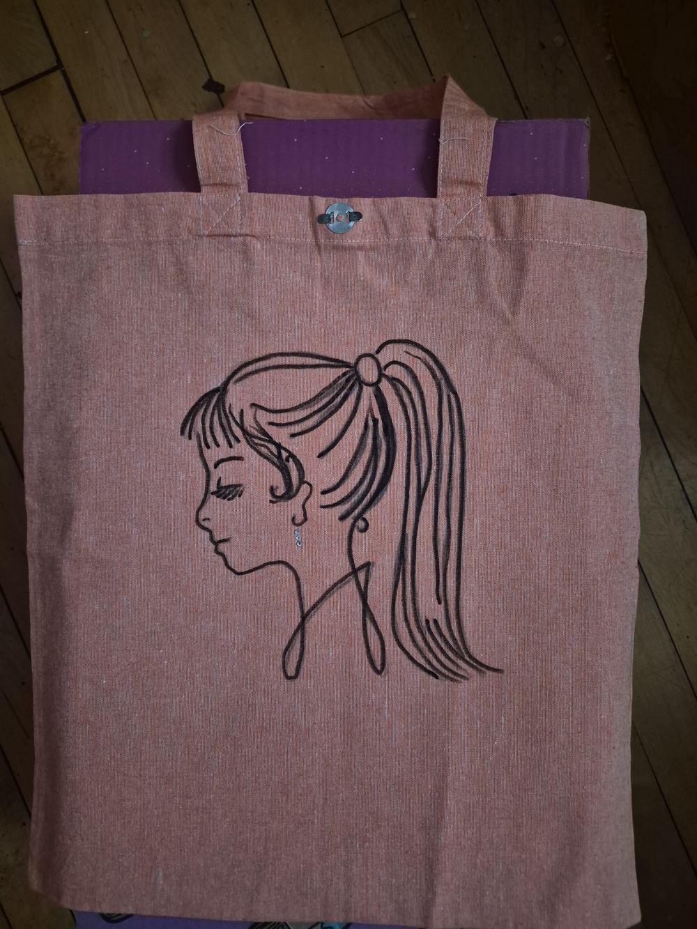 Peach Canvas Tote Bag with Ponytail Silhouette - Hand Painted By Me.